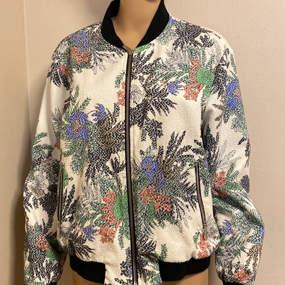 ZARA BASIC White Floral Print Size Large Long Sleeve Zip Front Jacket